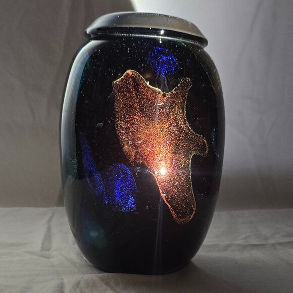 Signed 2001 Studio Hand Blown Art Glass Vase Amber Multi Metallic Flake 9"H - Picture 3 of 8
